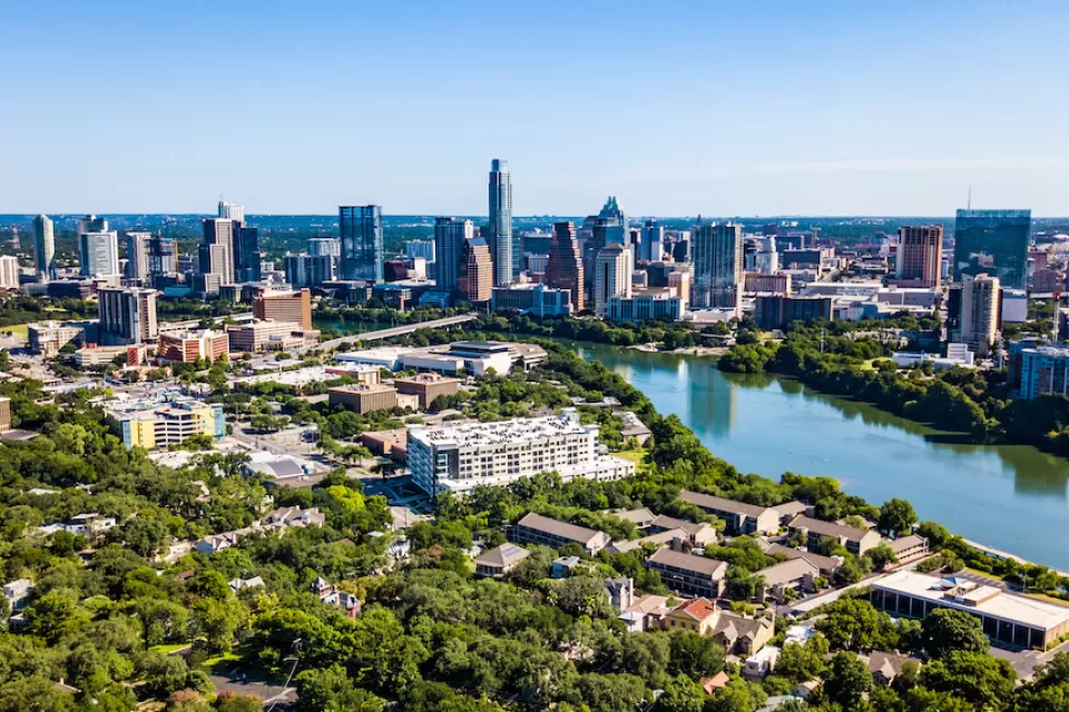 View of Austin, Texas skyline with river in foreground